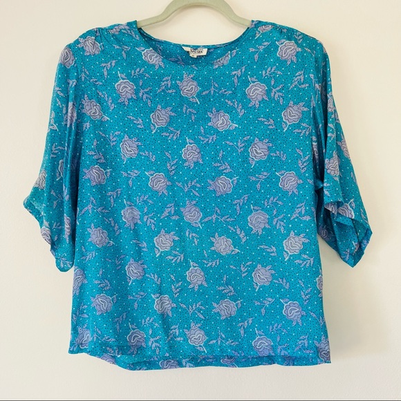 Vintage royal silk turquoise floral print polka dot blouse top - Picture 7 of 10